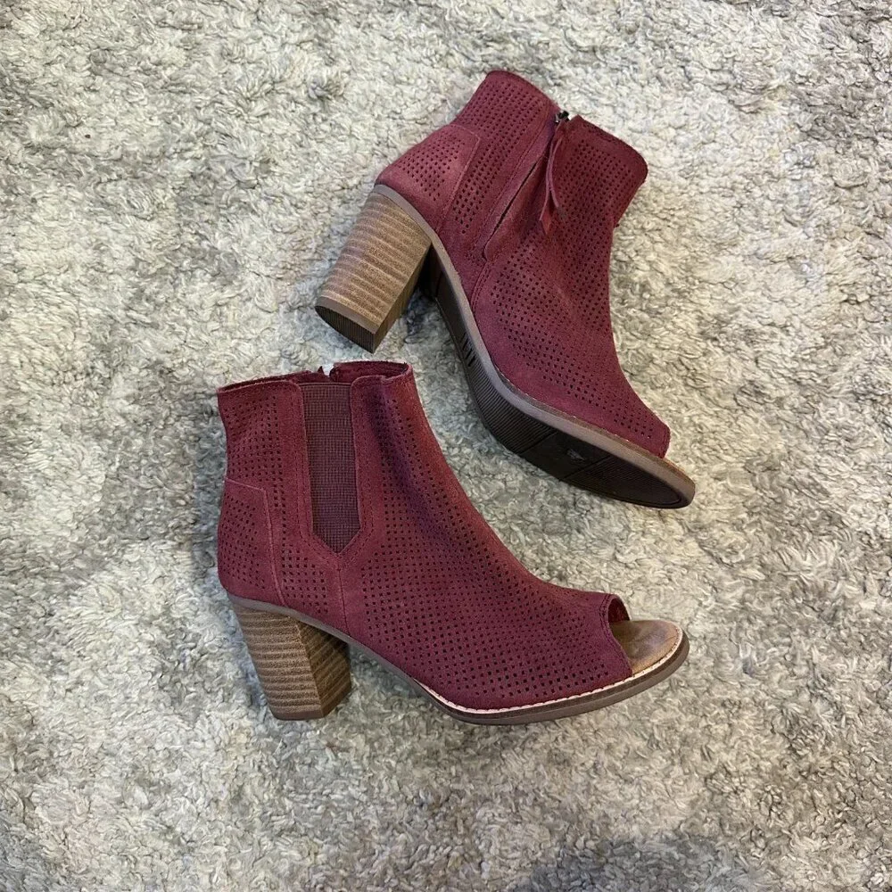 Toms Wide 6.5 Burgundy Red Open Toe Booties Suede Peep Toe Leather Majorca Open - Picture 5 of 10